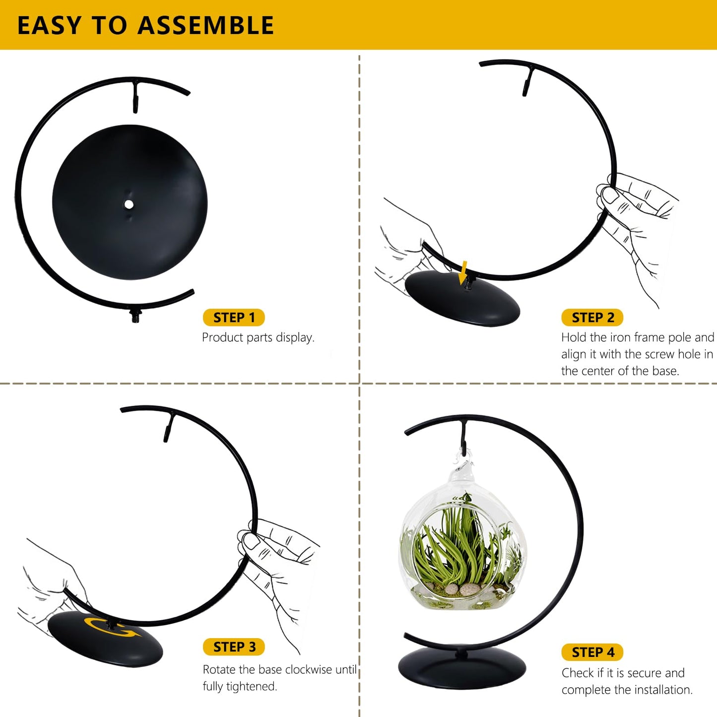 YY YEARCHY Ornament Display Stand for Hanging Glass Globe Ball Air Plant Flower Holder Metal Round Decorative (1, Black, 7.8"x4")