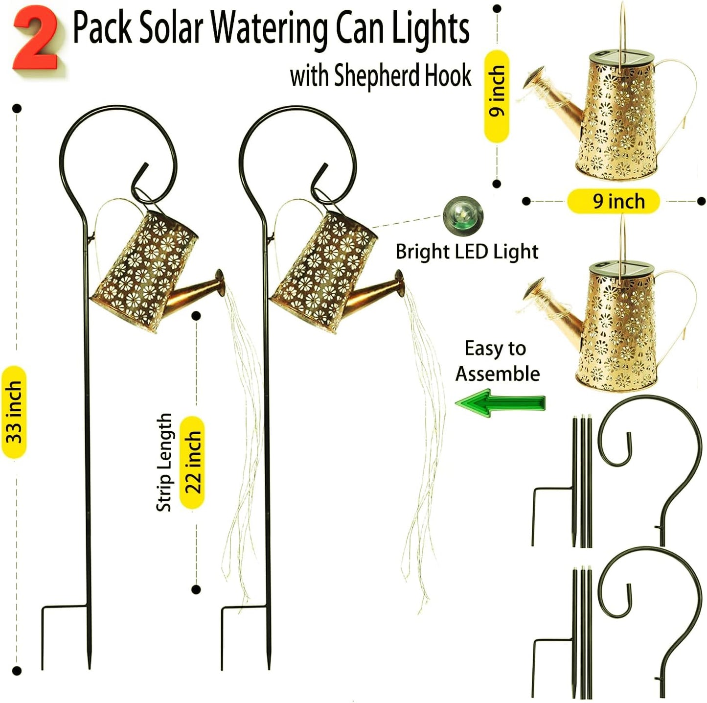 WDLFCGC 2 Pack Solar Watering Can Lights with Shepherd Hook, 8 Multi-Color Changing Modes, IP65 Waterproof, 60pcs String Lights for Outdoor Garden Pathway Lawn Patio Deck Walkway Courtyard