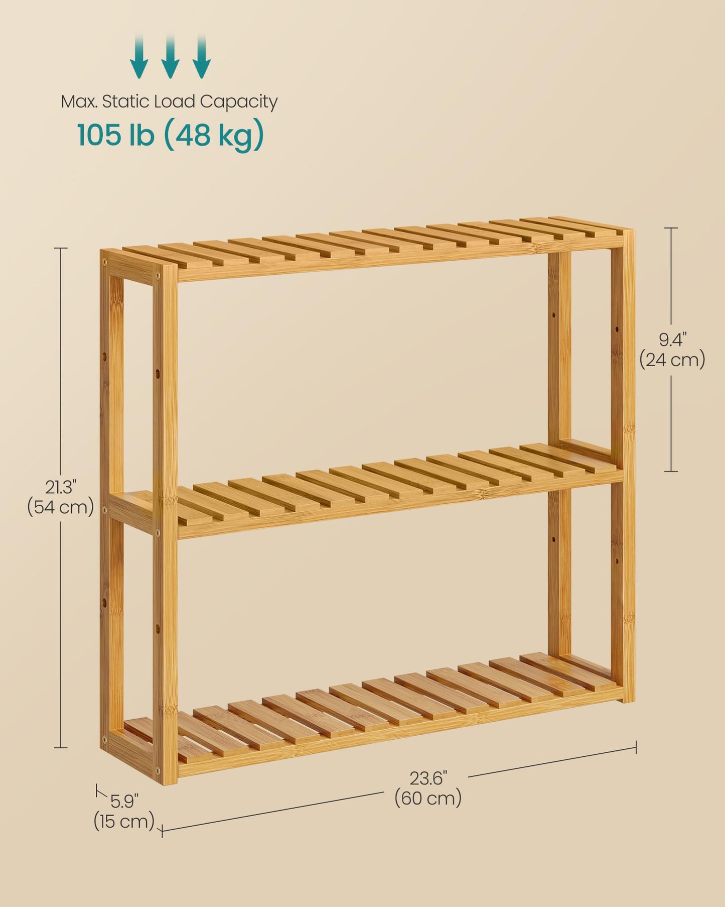 SONGMICS Bamboo Bathroom Shelf, 3-Tier Adjustable Plants Rack, Wall-Mounted or Stand, in the Living Room, Balcony, Kitchen, 5.9 x 23.6 x 21.3 Inches, Natural UBCB13Y