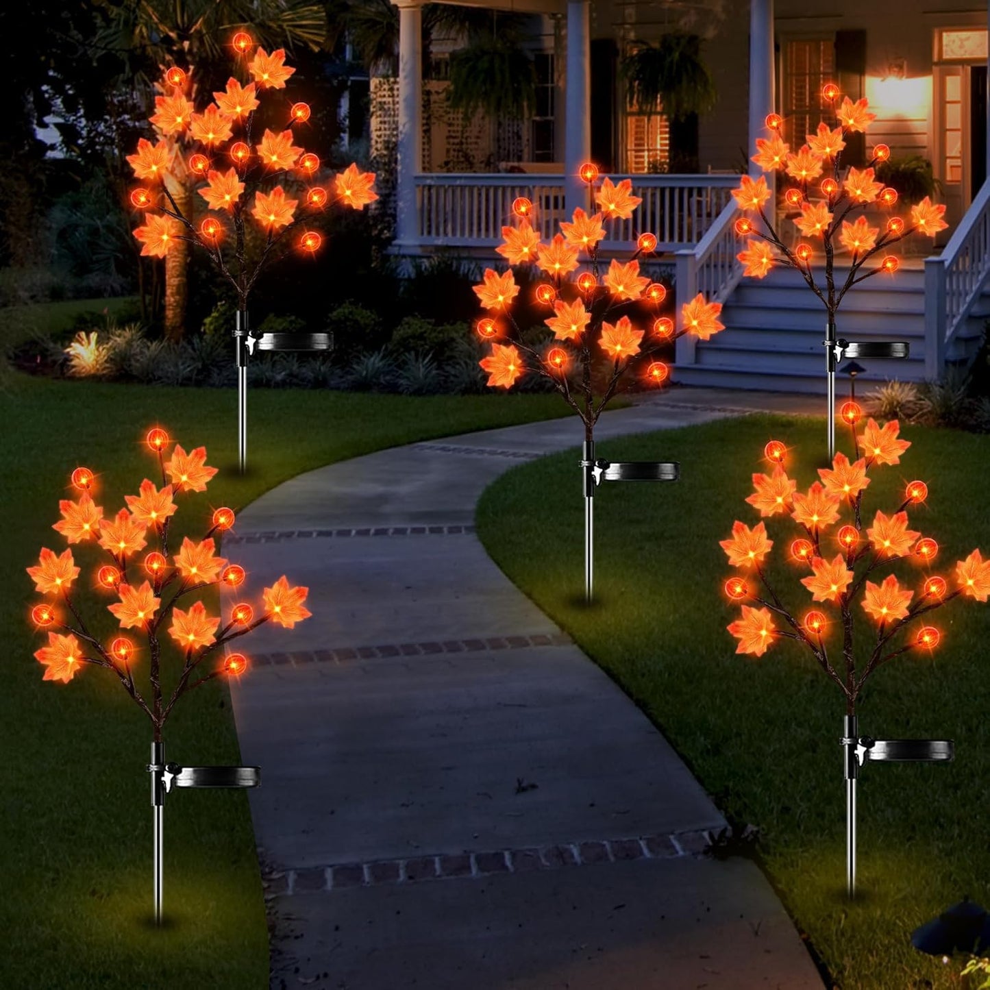 2 Pack 40LED Solar Outdoor Maple Leaf Lights for Fall Decor-3D Maple Pumpkin Thanksgiving Lights with 2 Modes | Waterproof Solar Garden Lights for Yard, Pathway, Halloween, Christmas Decorations