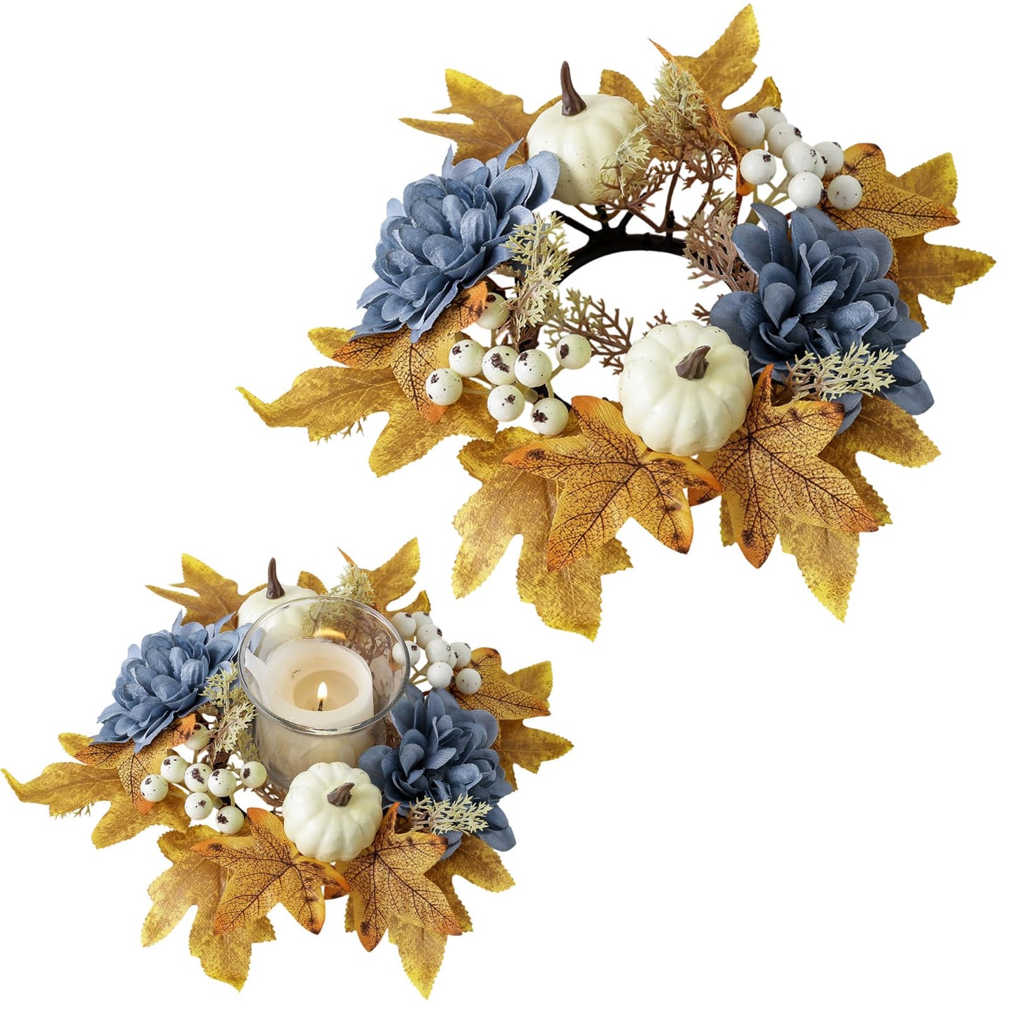 Thanksgiving Fall Candle Ring Holder Artificial Pumpkin Berries Maple Leaves Dahlia Flowers Candle Ring Wreath for Autumn Wedding Harvest Table Centerpiece Decor Supplies (Blue)