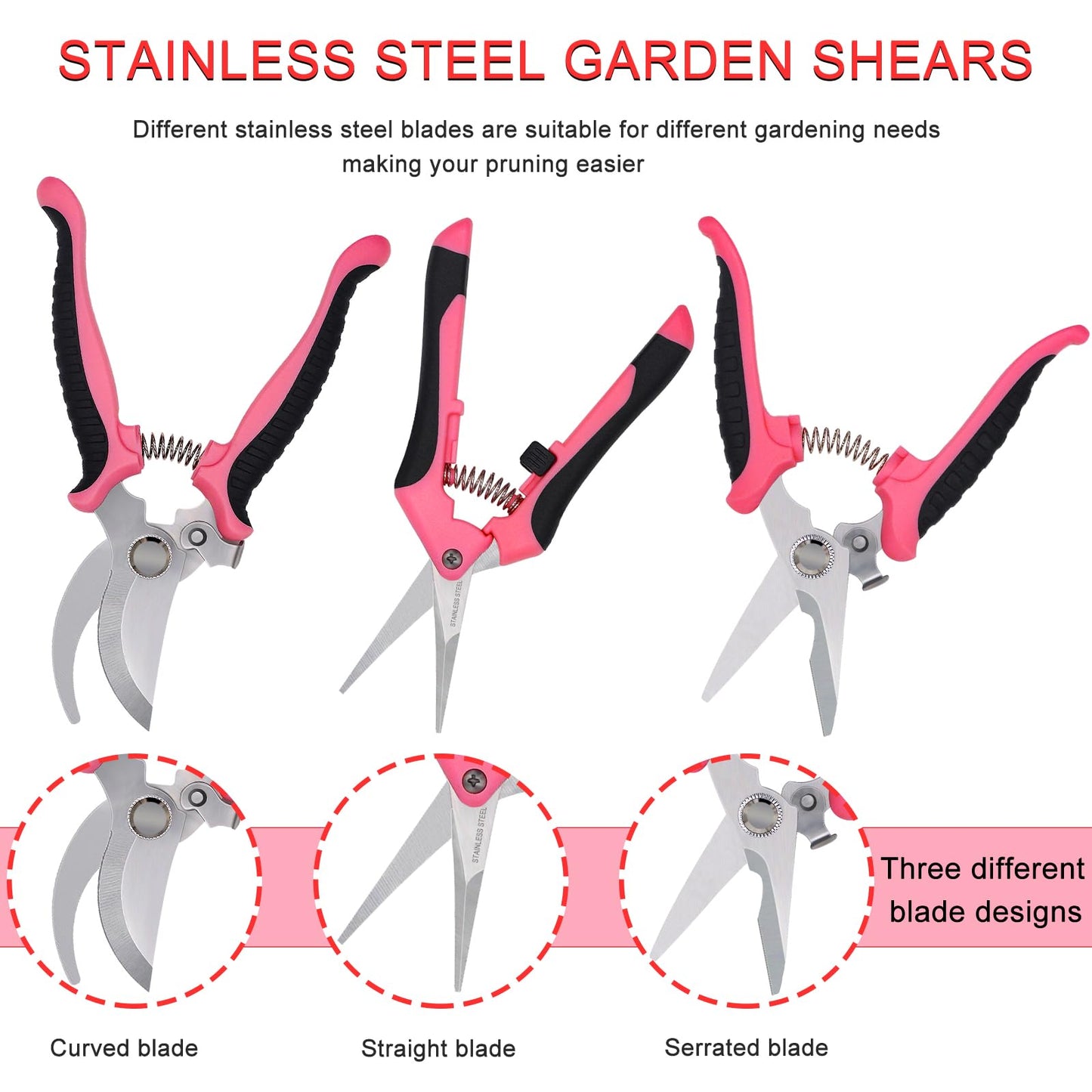 Pruning Shears Gardening Scissors Tools: 3pcs Outdoors&Indoor Garden Clippers, Rose Snips, Plant Clippers, Wood Pruner, Gardener Work Accessories for Flower Arrangement, Yard Landscaping (Pink)