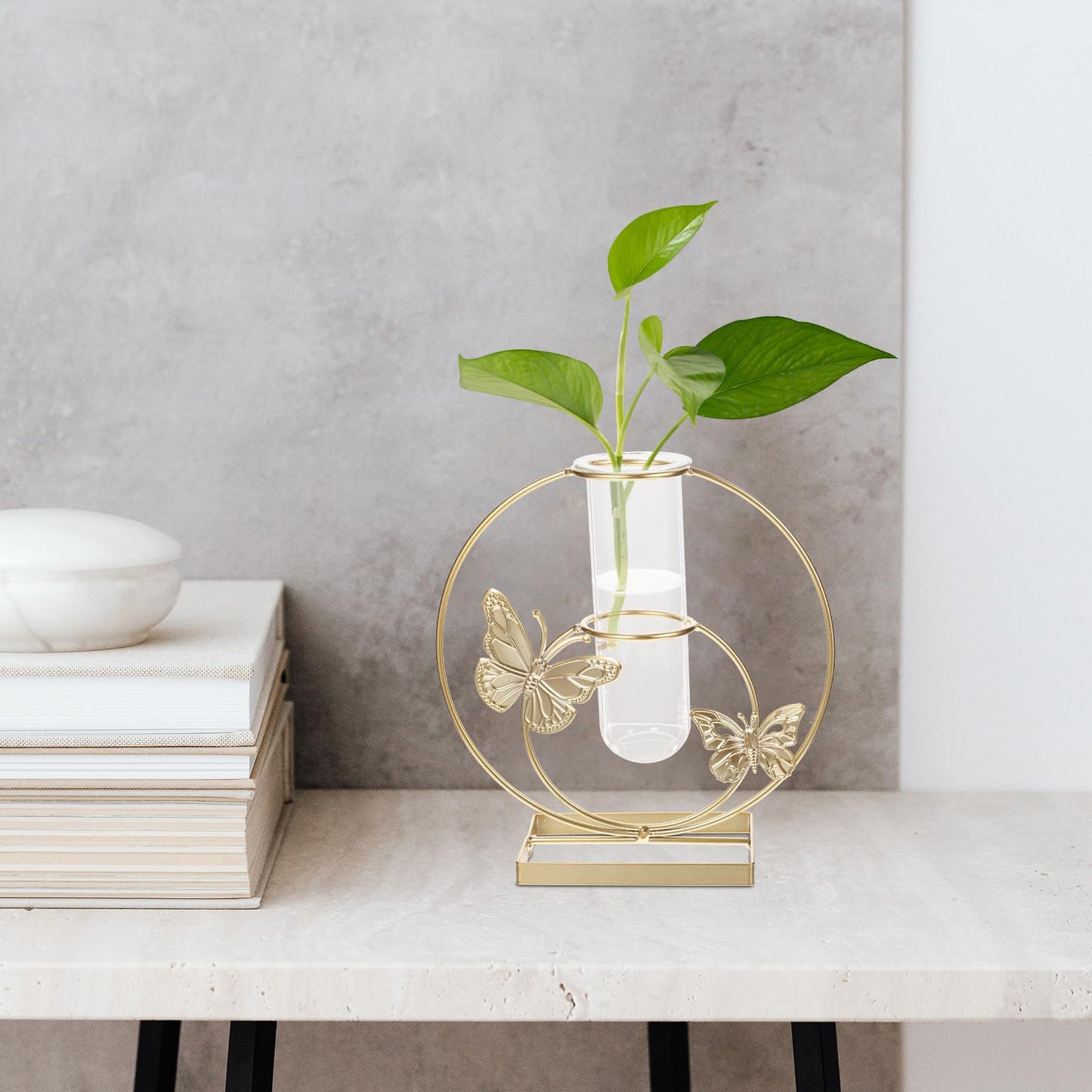 BESPORTBLE Hydroponic Desktop Vase Ornament with Butterfly Pattern, Round Glass Plant Terrarium, Metal Framed Flower Vase for Home Décor and Living Room Table Display
