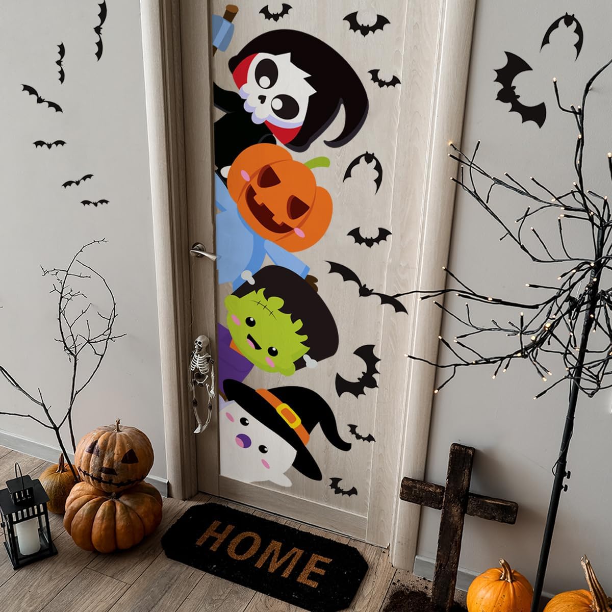 44.88 x 15.75 Inch Halloween Door Sticker Cute Halloween Pumpkin Demon Expression Ghost Green Monster Door Decal for Window Wall Party Decoration