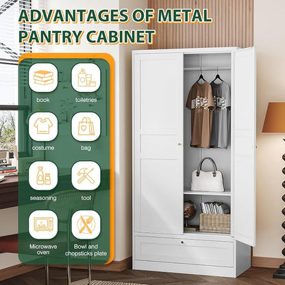 Letaya Metal Wardrobe Cabinets,18" Deep Clothing Storage Cabinet with Doors and Shelves,for Home Room,Fire Department, School, Employee,Gym,Government (White)
