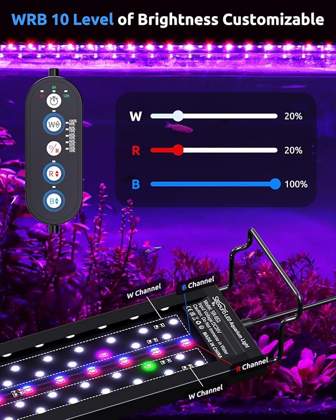 SEAOURA Aquarium LED Light for 18-24in Freshwater Tank, Full Spectrum Aquarium Light for Plant Growth, 6H/8H/12H Timer, WRB 3 Channel Customizable, 10 Brightness & 11 Colors, Adjustable Bracket