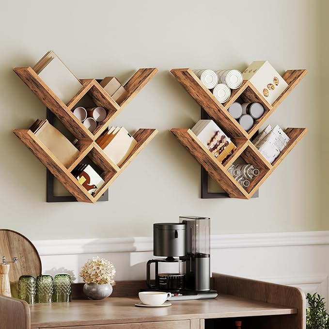 HOOBRO Floating Shelves for Wall, 2-Tier Wooden Tree Bookshelf, Hanging Shelves