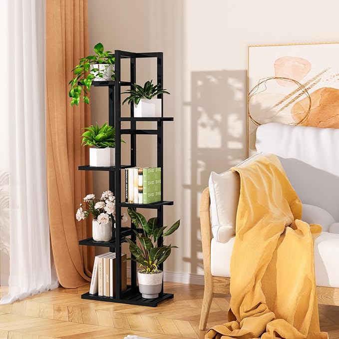 ROMGUAR CRAFT 6 Tier Bamboo Plant Stand Indoor, Wood Tall Flower Holder Corner