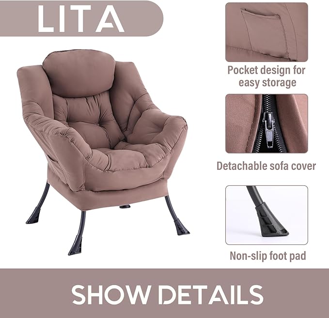 LITA Lazy Chair with Armrests and Side Pocket, Modern Upholstered Accent