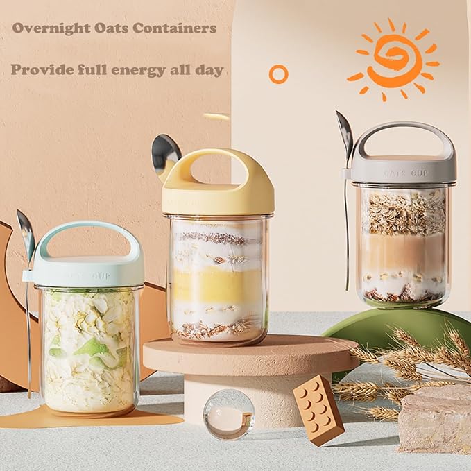 2Pack Overnight Oats Containers with Lids and Handle,14 oz Airtight Oatmeal Container,Mason Jars with Lid for Cereal,Milk,Fruit,Yogurt,On The Go Container,Salad Jars,Glass Jars (White)