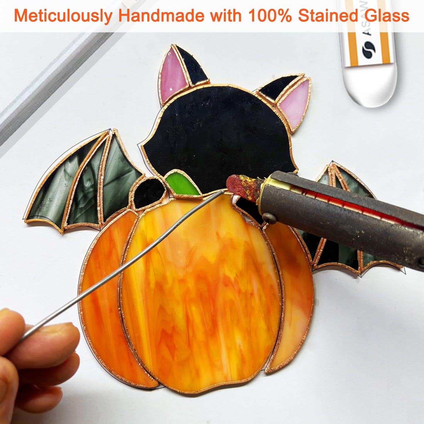 JAWNLITY Stained Glass Window Hanging Sun Catcher, Handmade Bat and Pumpkin Suncatcher for Window, Wall Porch Decoration, Cute Cartoon-Style Stained Glass Halloween Christmas Decor Gift