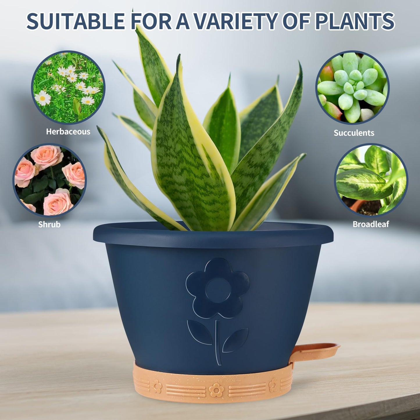 gegemaoyi Plastic Plant Pots 10 Inch Set of 4, Self Watering Pots with Drainage Holes, Saucer & Reservoir, Flower Pots for Indoor/Outdoor Plants, Decorative Nursery Planting Pots (Blue)