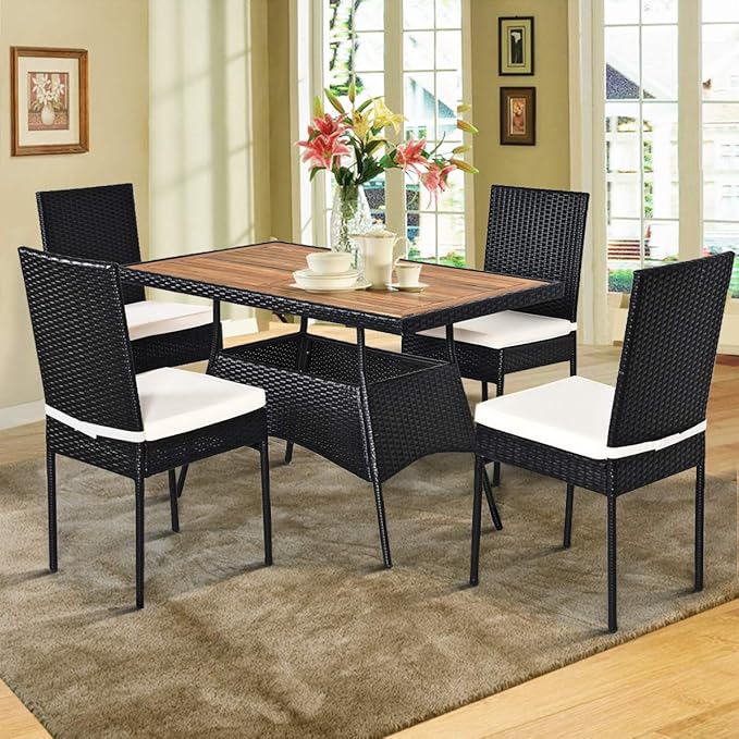Tangkula 5 Piece Wicker Patio Dining Set, Outdoor Rattan Table & Chairs Set