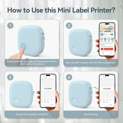 Mini Label Maker Machine with Tape AH-P05, Portable Bluetooth Mini Label Printer, Wireless Thermal Label Maker, Waterproof & Rechargeable, Built-in Cutter, for Home, Office, Kitchen – Blue
