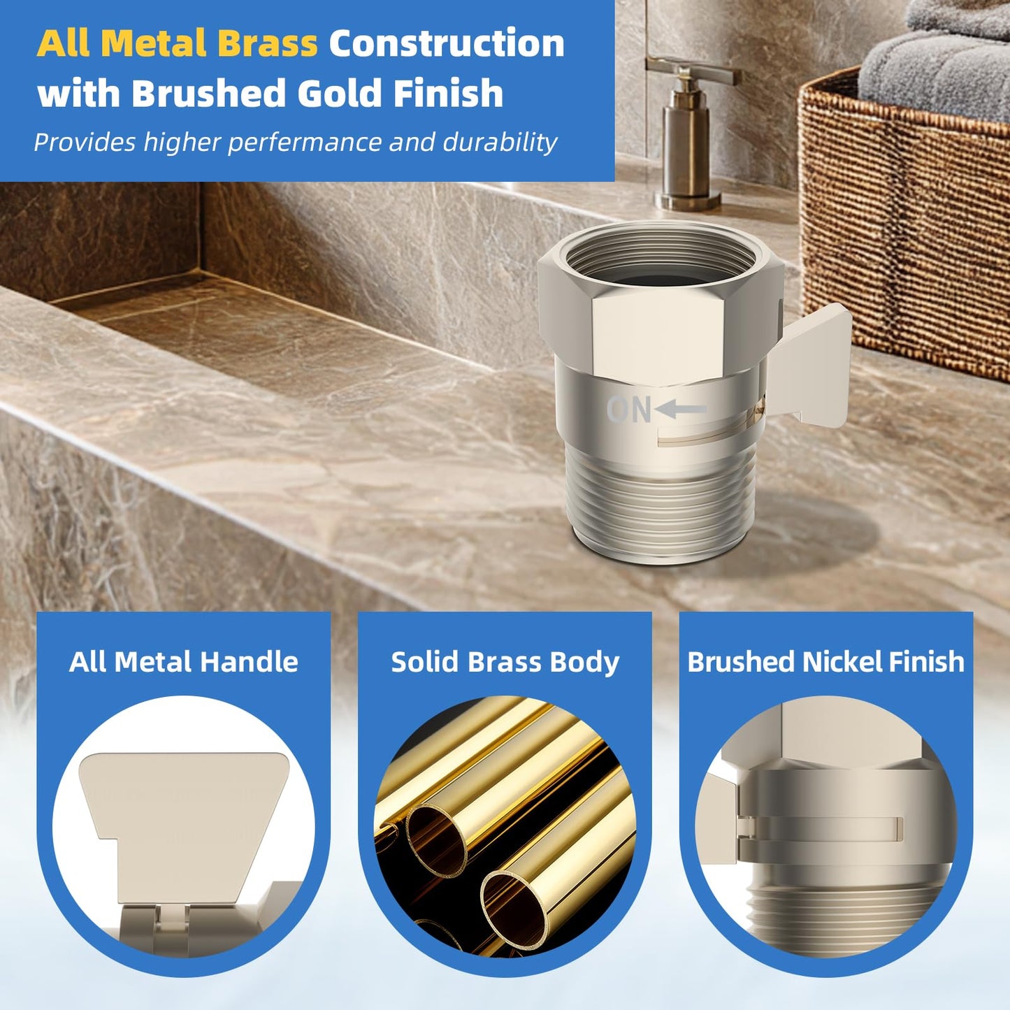 Hibbent All Metal 1 Pack Shower Head Flow Control Valve, G1/2 Brass Shut-off Valve with Metal Handle Lever, Shut OFF Water Flow Control Regulator for Handheld Shower, or Bidet Sprayer, Brushed Nickel