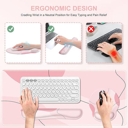 iCasso Large Gaming Mouse Pad Wrist Support Set, Desk Mat, 4in1 XXL Mousepad + Keyboard Wrist Rest+Mouse Wrist Rest+Coaster Set with Ergonomic Design for Home Office Table Computer-Pink Art