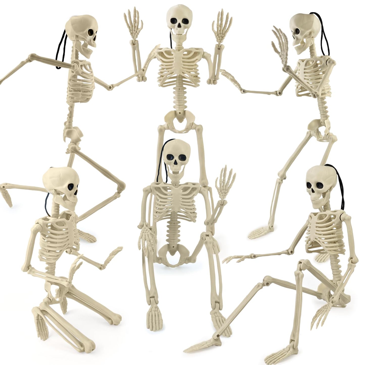 4 PCS 16'' Halloween Decor for Outdoor Graveyard Yard,Small Posable Plastic Skeletons Decorations for Tree Lawn Window Office Desk,Halloween Party Supplies,Scary Skull Hanging Props for Haunted House