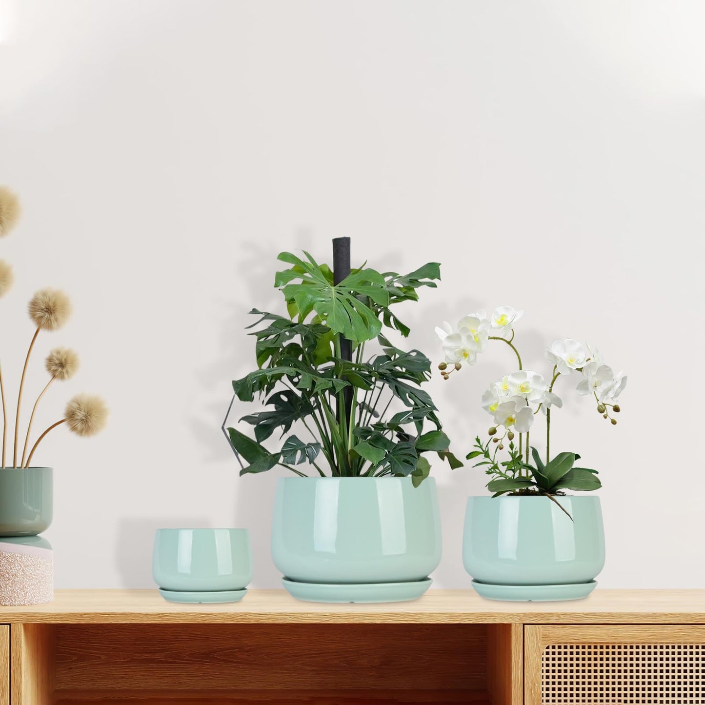 GDSZJLJ Ceramic Indoor Pots for Plants,7.5+5.9+4.4 Inch Set of 3,Flower Pots with Drainage Holes and Saucers,Planters Pot with Hole Mesh Pad,Large Planters for Indoor Plants,Gift for Mom,Aqua