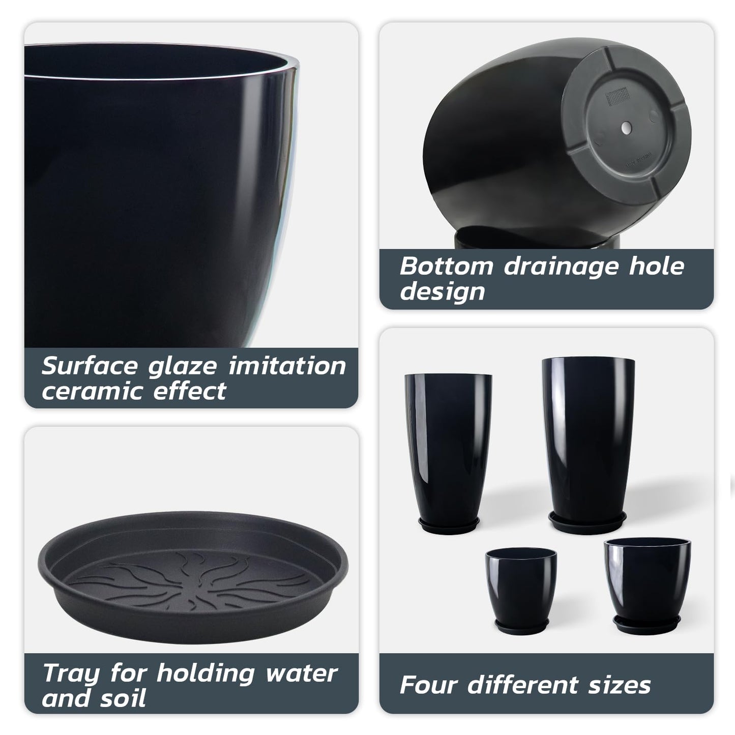 ZMTECH 24/21/12/10" H Large Plastic Planters with Drainage Hole and Saucer -Set of 4 Tall Plant Pots for Indoor & Outdoor Use,Black Glossy Smooth Lightweight Flower Pot for Front Porch Patio Deck