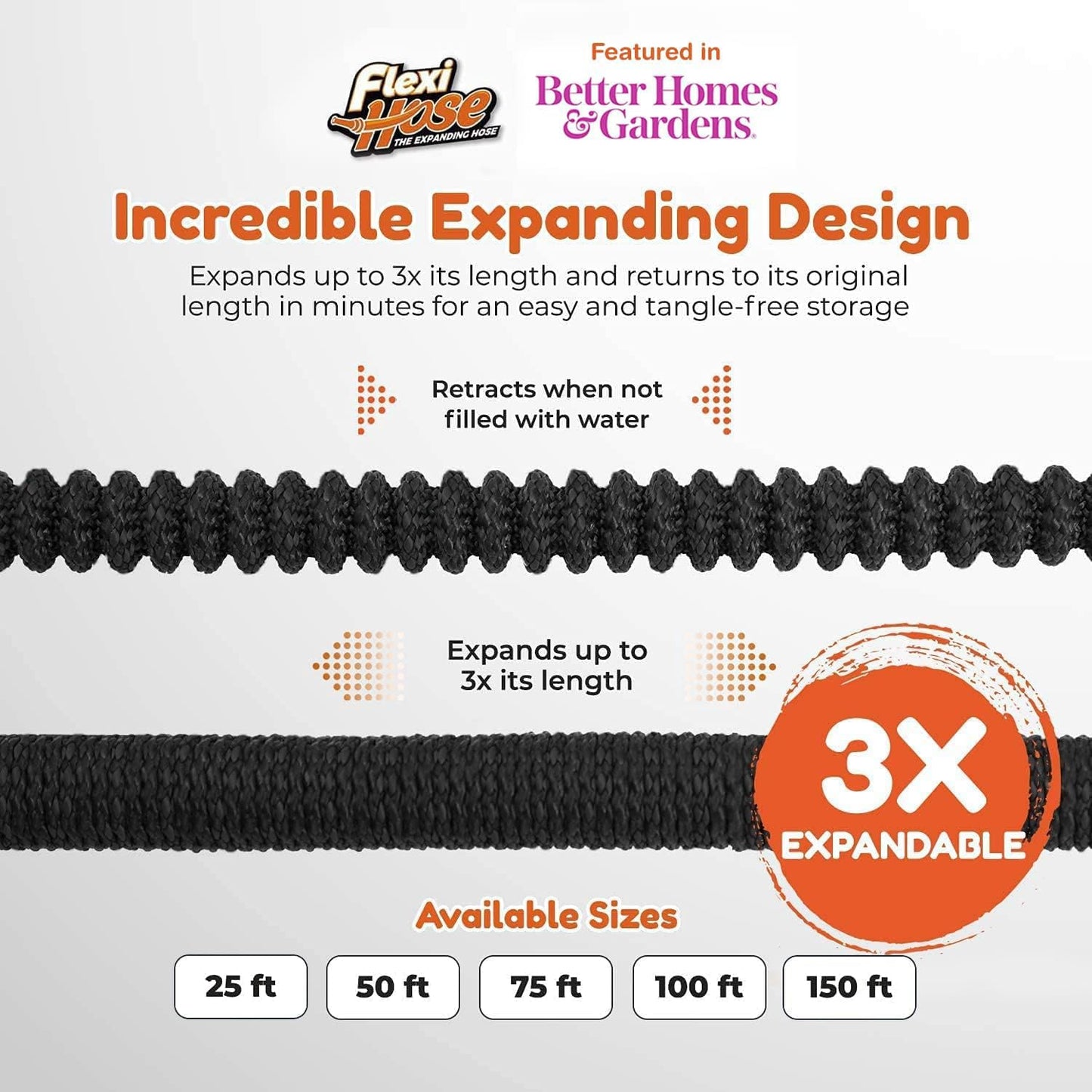 Flexi Hose Expandable Garden Hose with 8 Function Nozzle, 25FT - Lightweight Retractable Garden Hose, Water Hose - No-Kink Flexibility, 3/4 Inch Solid Brass Fittings and Double Latex Core