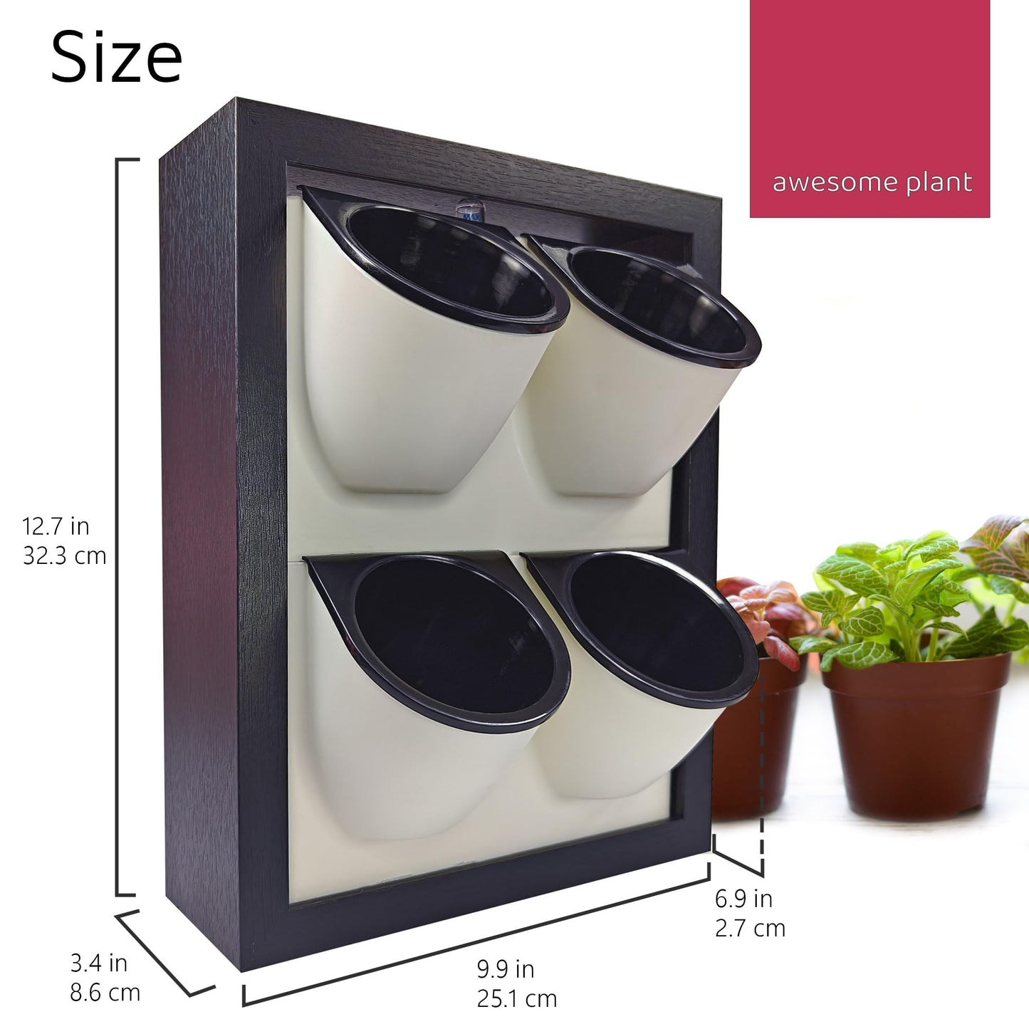 Awesome Plant Wall Garden 4 Vertical Wall Planter, 4 Pots Wood Frame Self Watering Living Planter for Home Office Decor, Wall-Mounted Planter for Indoor Houseplants (Black)