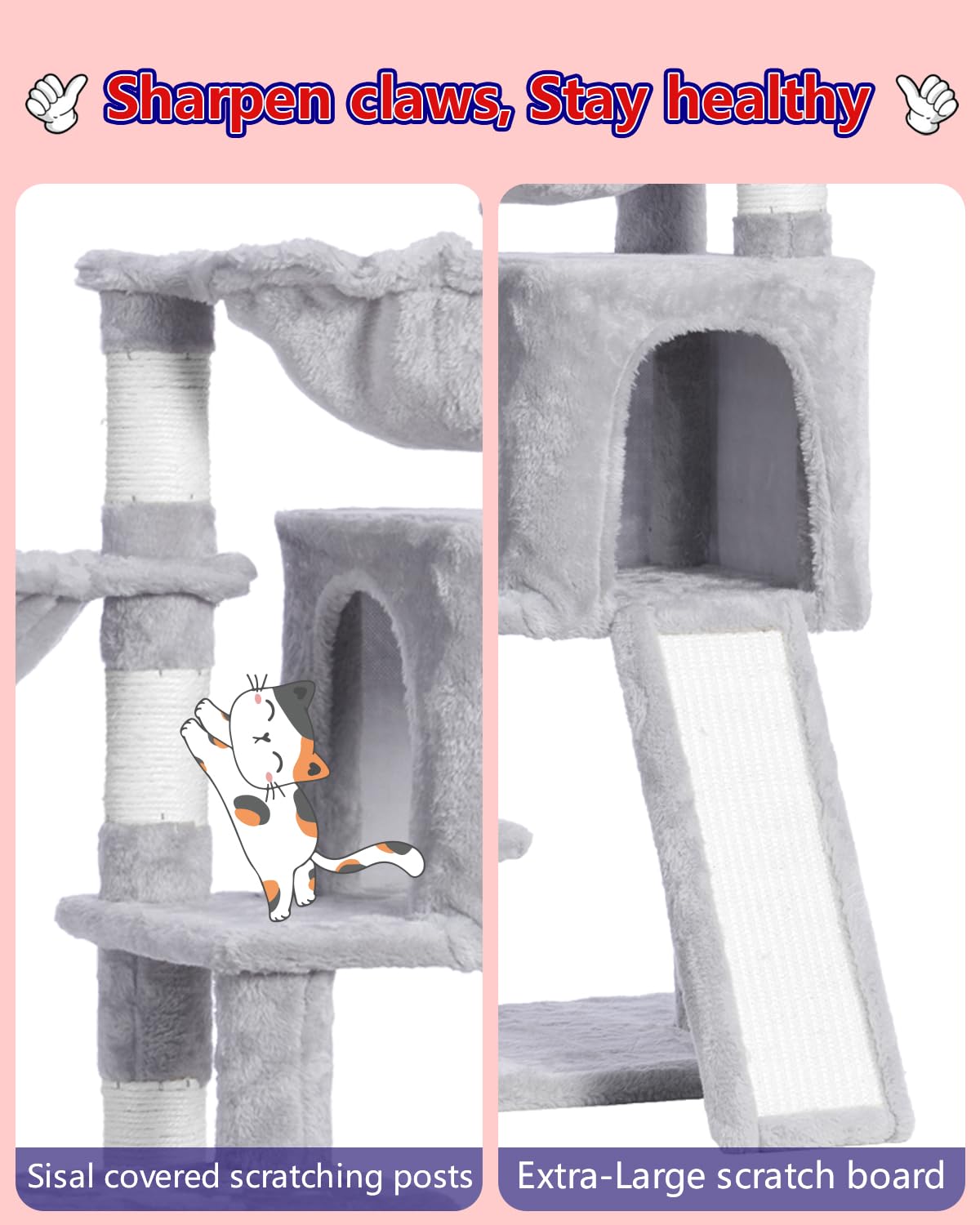 Gitelsnour Cat Tree, Cat Tower with condo, 2 Baskets, Large Platform, Scratch Board, Cat Scratching Posts for Indoor Cats, Light Gray GCT003SW