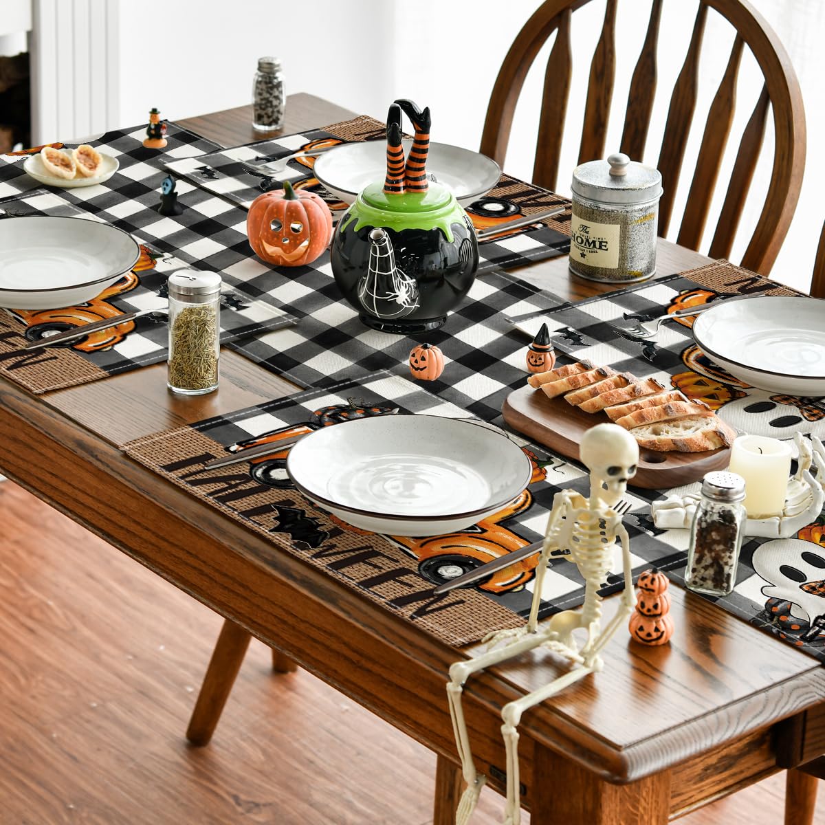 Artoid Mode Buffalo Plaid Bat Ghost Truck Spooky Halloween Placemats Set of 4, 12x18 Inch Seasonal Table Mats for Party Kitchen Dining Decoration