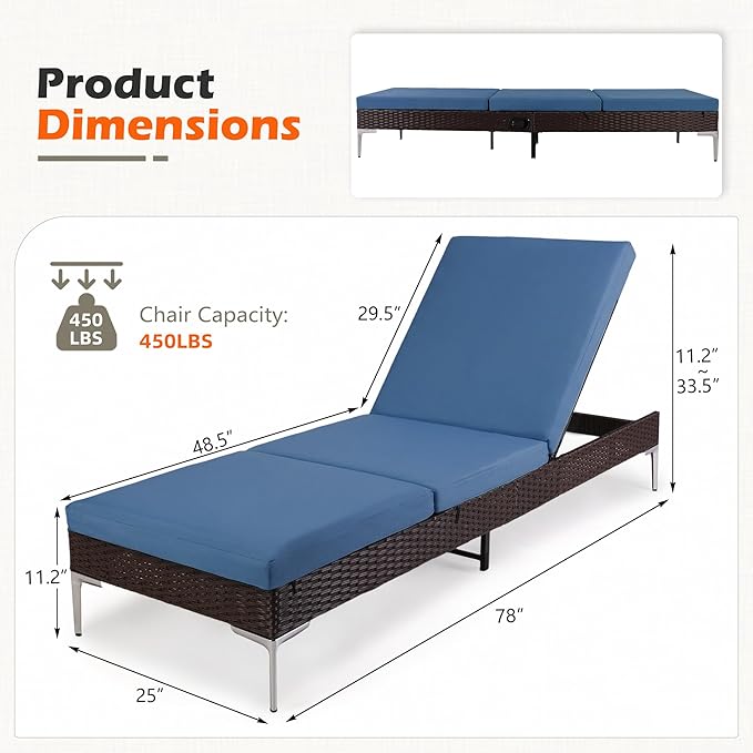 HOMREST Outdoor Chaise Lounge Chair Set of 2, Patio Wicker Lounge Chairs