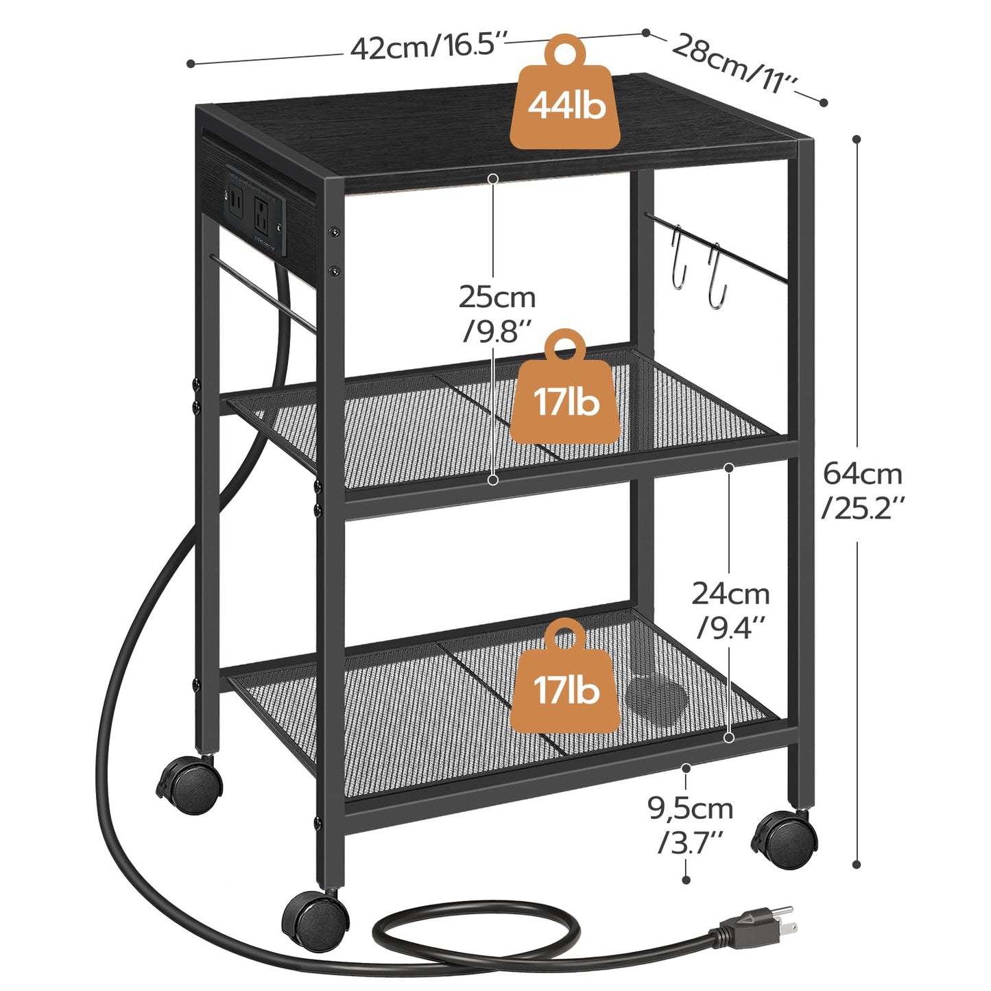 HOOBRO Industrial Printer Stand, 3-Tier Mobile Printer Table, Rolling Cart with Power Outlets and USB Ports, Home Printer Stand with 2 Hooks, for Office, Living Room, Black BB22UPS01