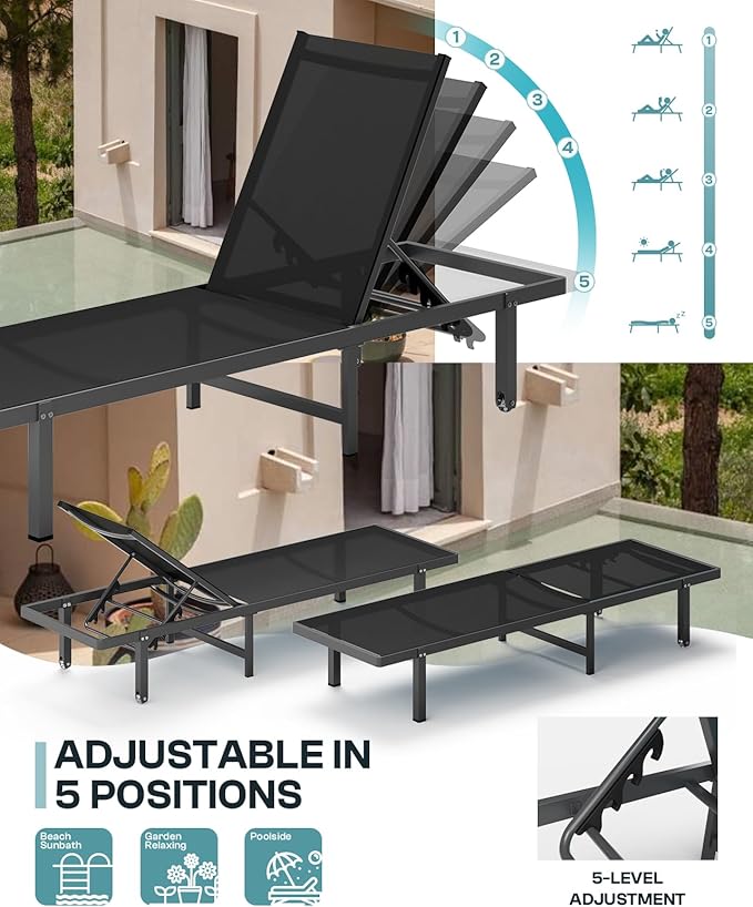 Lounge Chair Outdoor with Wheels, Aluminum Patio Chaise Lounge Chair with 5