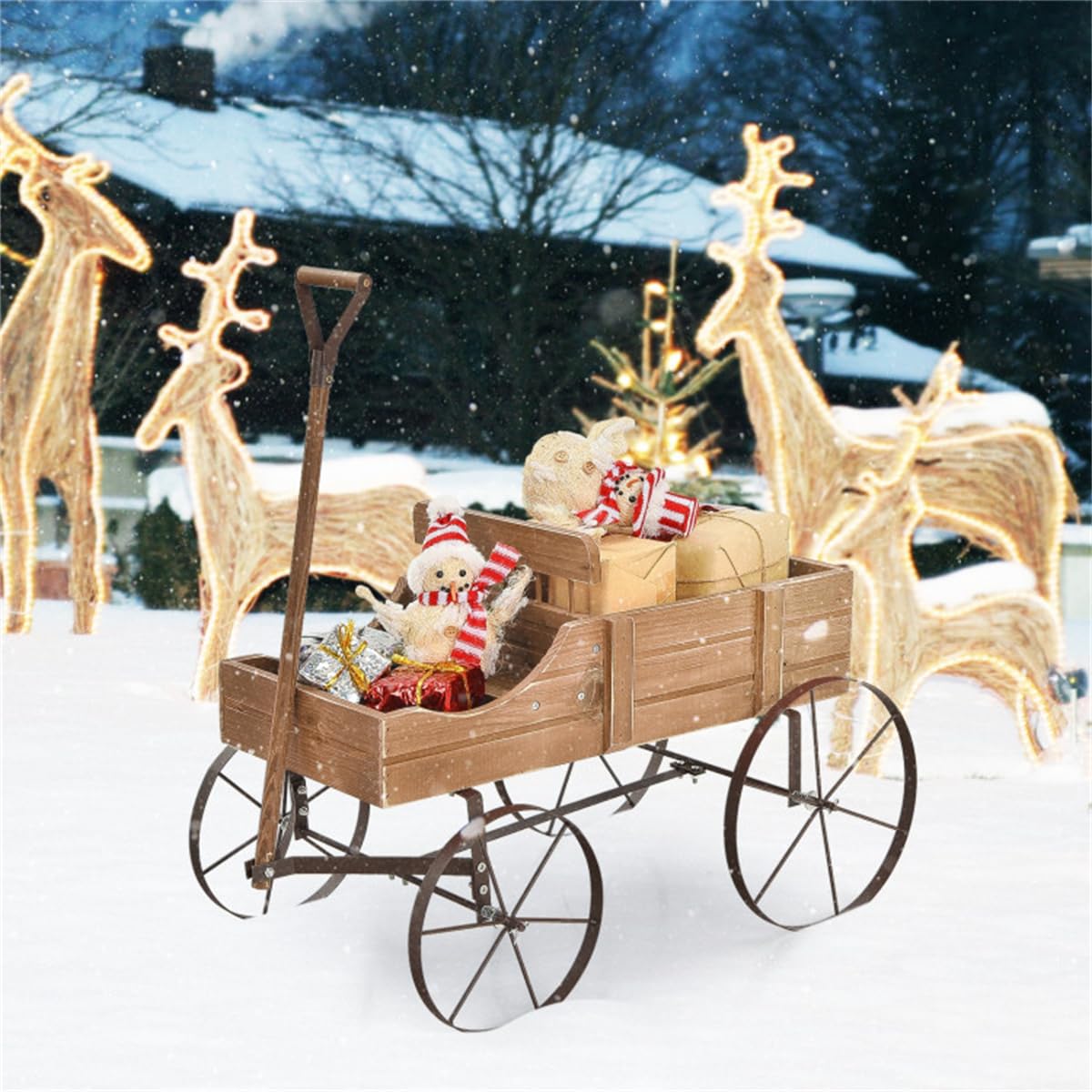 DESIGNSCAPE3D Wooden Wagon Planter Cart – Rustic Raised Garden Bed with Wheels & Handle for Outdoor Patio, Yard, Backyard, Brown Fir Wood Flower Box