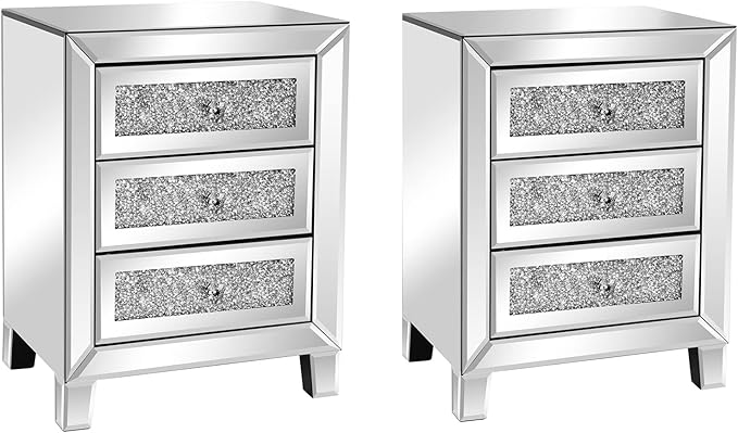 VINGLI Mirrored Nightstand Set of 2, Mirrored Side/End Table