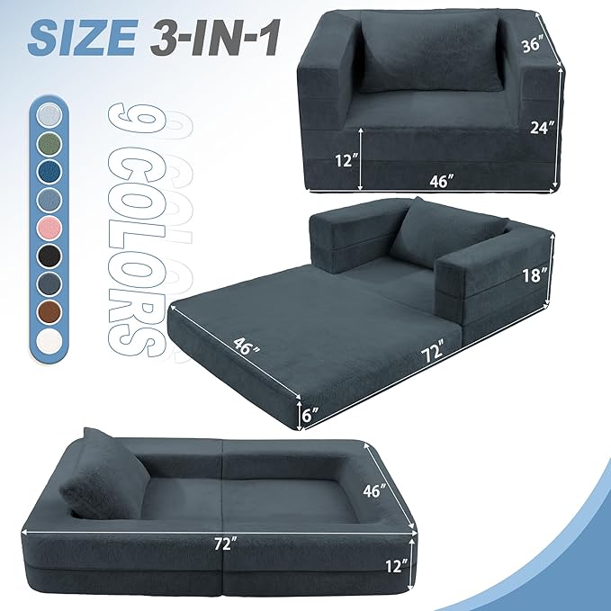 Futon Sofa Bed with Pillow, 3-in-1 Sleeper Sofa Bed with Removable Cover