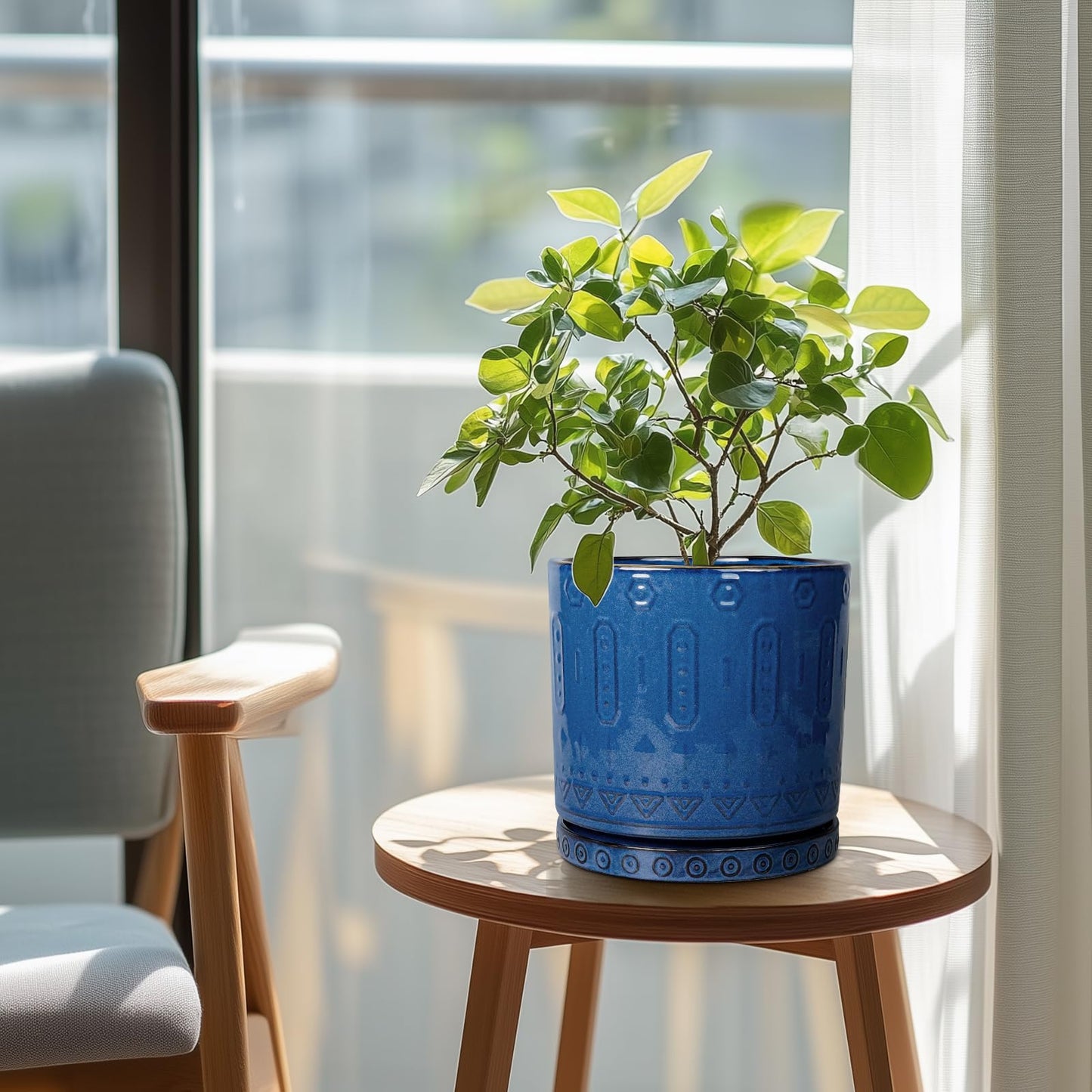 Eightpot Ceramic Planter - 8 Inch Plant Pot Indoor with Drainage Holes and Saucer Round Planter Outdoor Mid-Century Modern Flower Pot Succulent Pot for Home Decor Blue