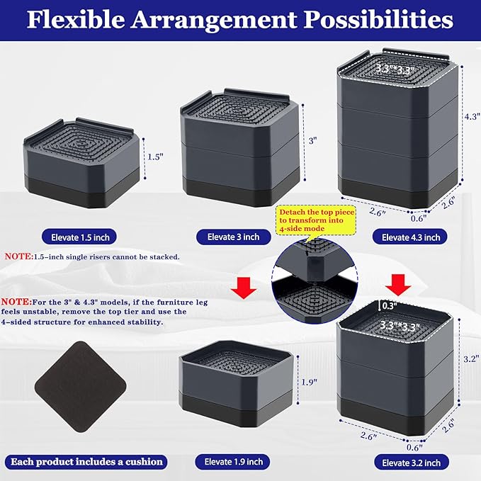 Bed Risers Heavy Duty, Adjustable Furniture Riser Blocks Lift 1.5, 4.3 inches