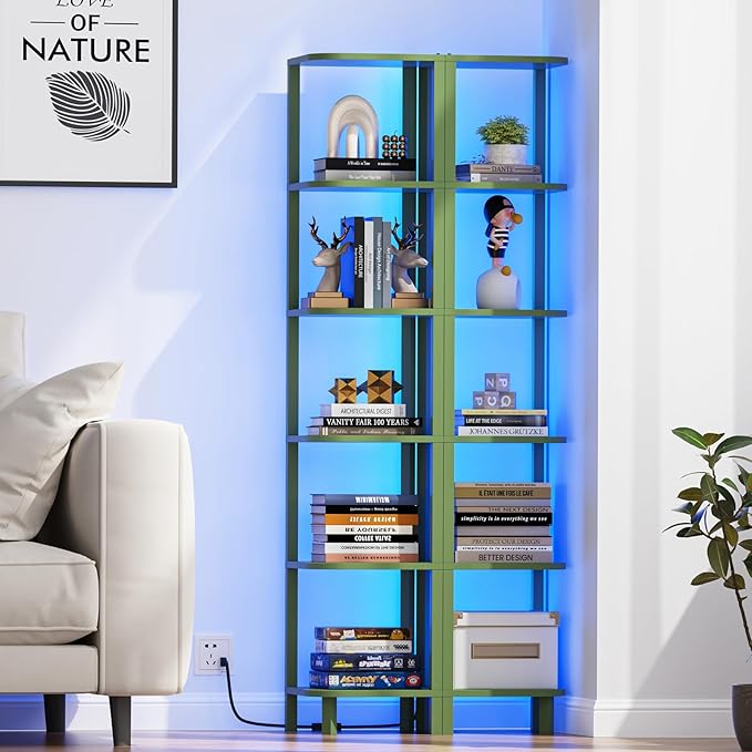 TUTOTAK Corner Shelf with LED Light, 6-Tier Corner Bookshelf