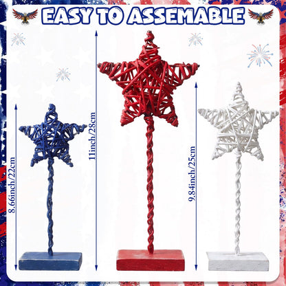 Tiamon 3 Pcs 4th of July Decorations, Metal Wood Patriotic Centerpieces Table Decor Red White Blue 3D Star Tray Sign Decor for Home Office USA July Fourth Independence Day 250th Anniversary Decoration