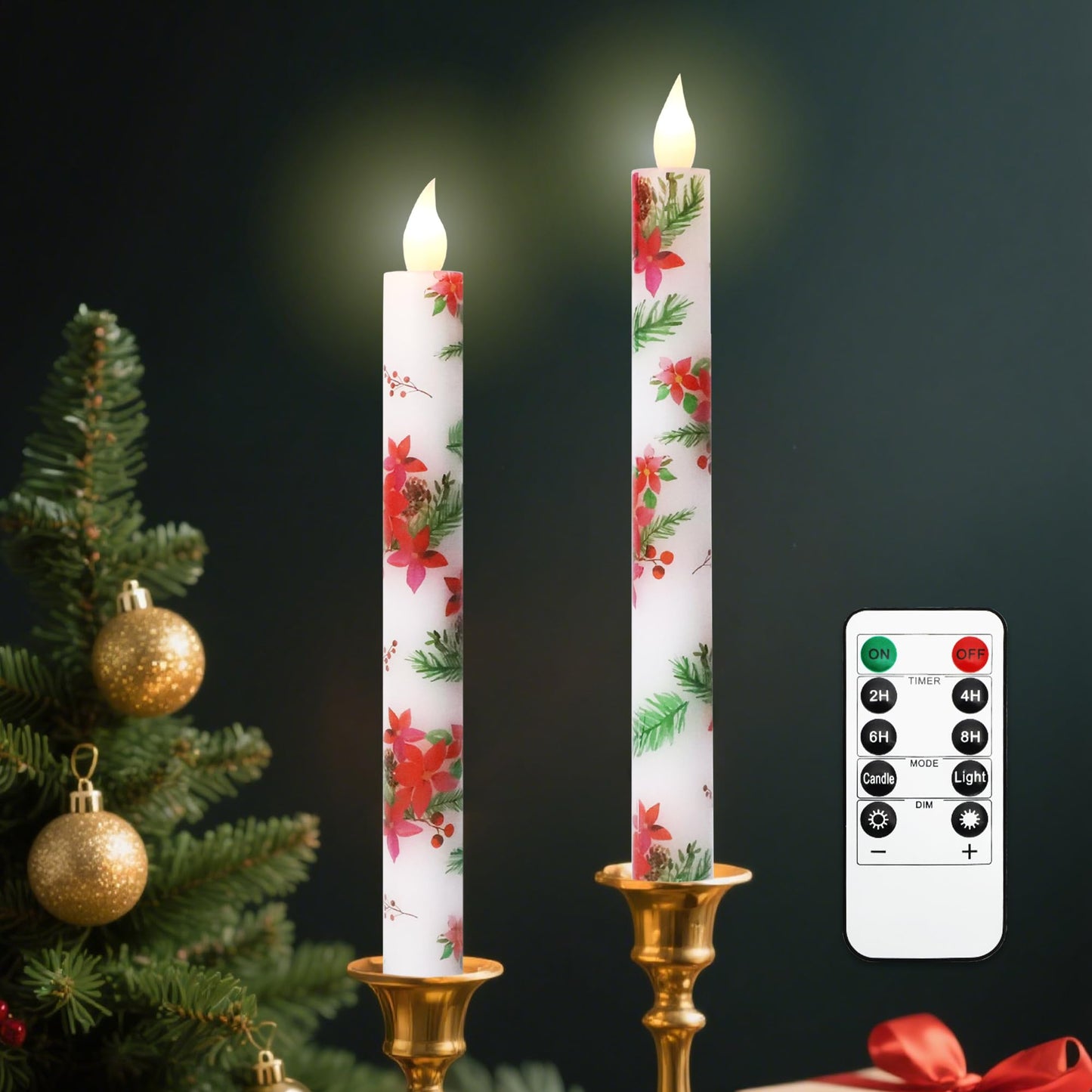 Holitown Christmas Flameless Taper Candles 2 Pack Christmas Poinsettia Flowers Battery Operated Candle with Remote Real Wax Flickering LED Fake Candle Home Decor for Xmas New Year Wedding Party