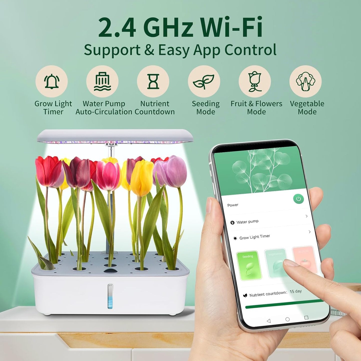 Hydroponics Growing System Indoor Garden, Indoor Gardening System with 14 Pods, WiFi Indoor Herb Garden, Herb Garden Kit with LED Grow Light, Adjustable Height Up to 16.5", Auto Pump, 5L Water Tank