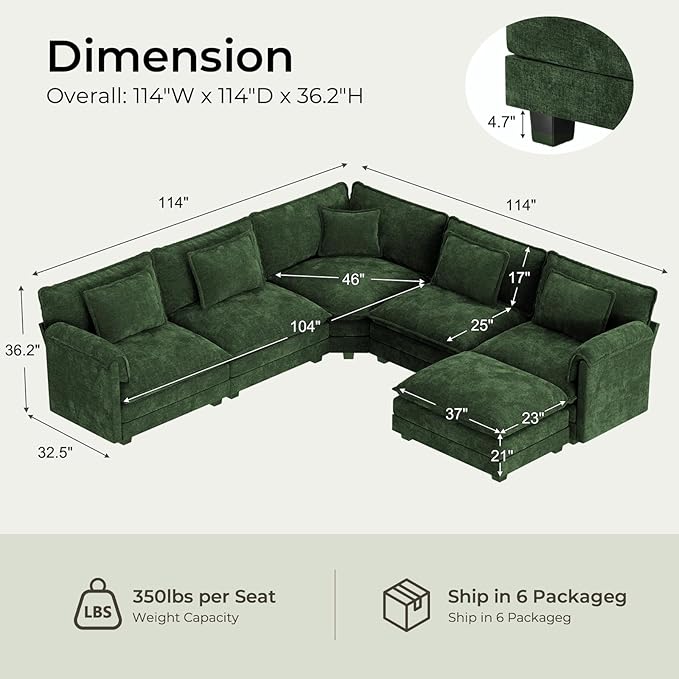 ELUCHANG 114" Oversized V-Shaped Cloud Couch Modular Sectional Sofa