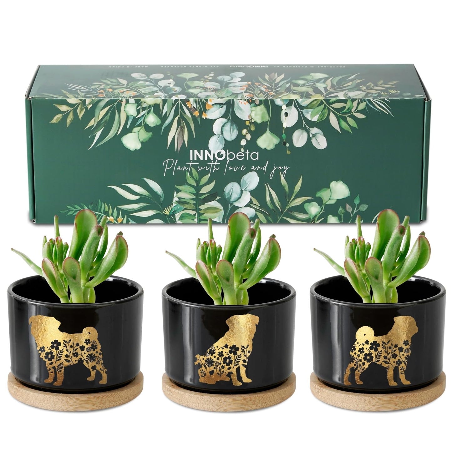 InnoBeta Pug Gifts Succulent Plant Pots 3pcs, Gifts for Pug Lovers, Planter Pot with Bamboo Tray, Plants NOT Included, Cute Ceramic Pots for Birthday, Christmas