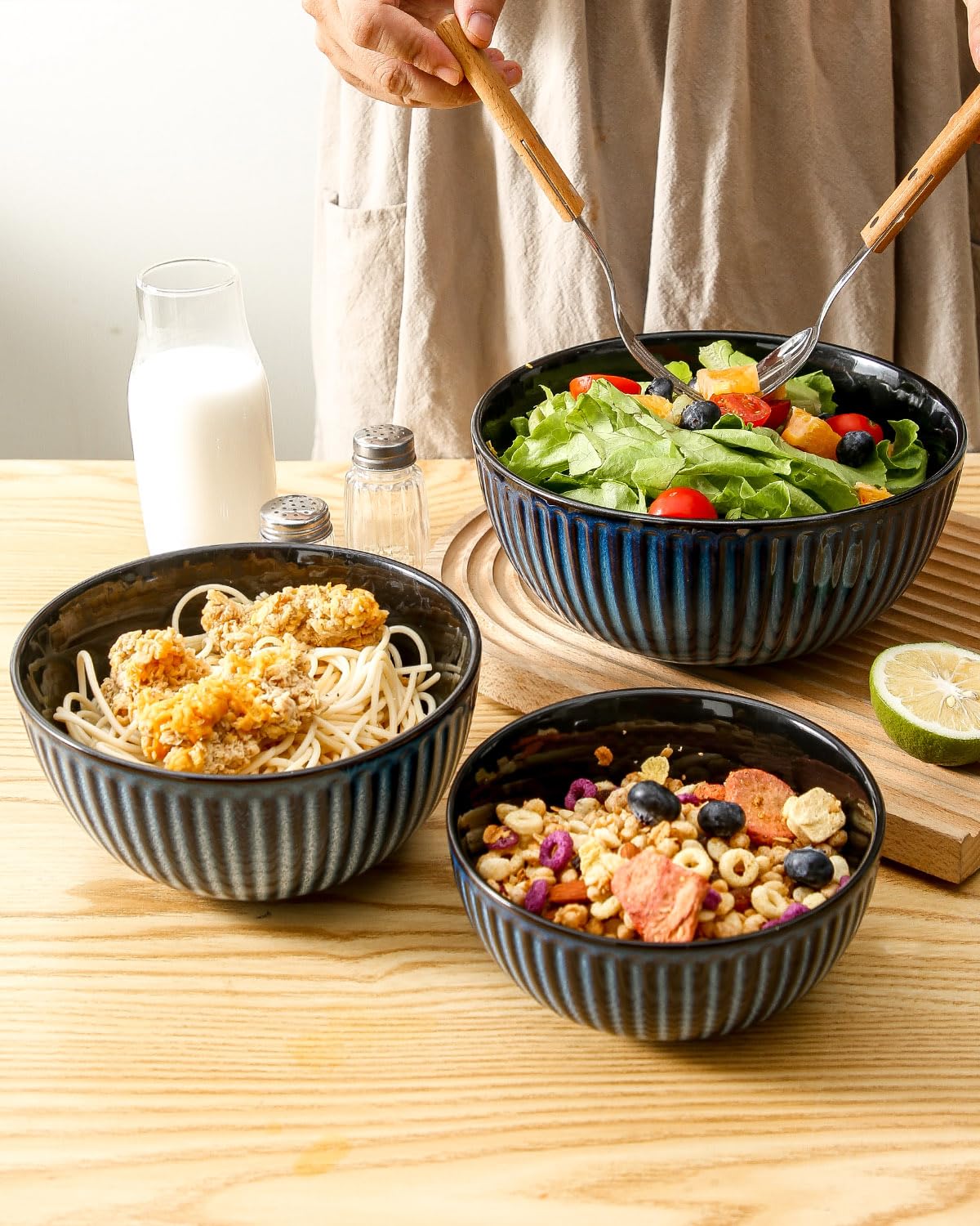 HASENSE Mixing Bowls of 3, Porcelain Ribbed Bowls 1.5/1/0.5 Qt For Kitchen, Cooking, Baking and Serving Prep Bowls for Salad, Pasta, Modern Kitchen Dish Dishwasher & Microwave Safe, Blue
