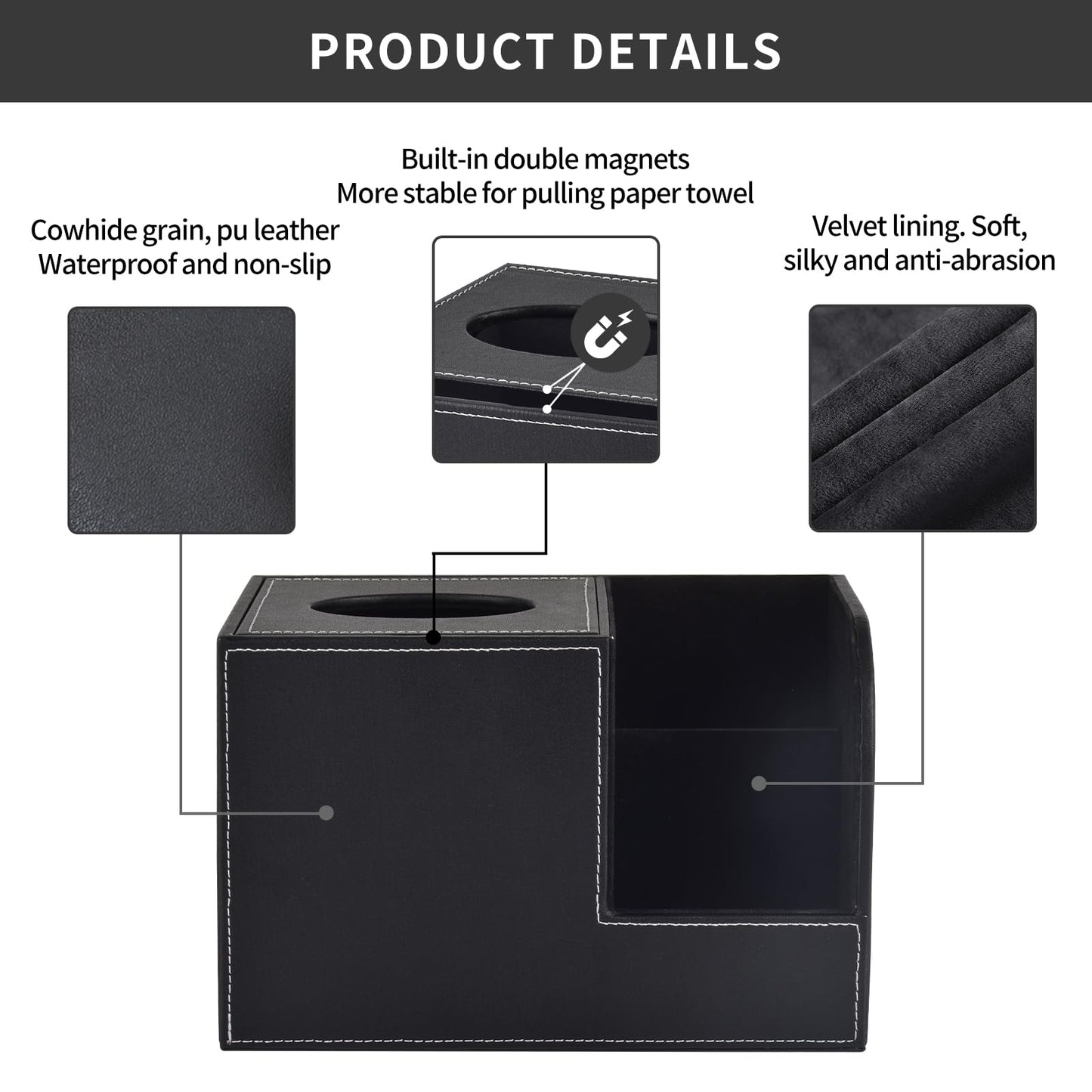 XNONE PU Leather Tissue Box Cover with Storage Square-Multifunctional Tissue Holder,Remote Control Holder,Decorative Tissues Boxes Organizer,Home Office Desktop Storage box,Black