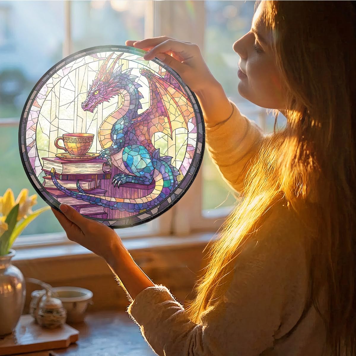 Greatingreat Dragon Stained Glass Window Hanging,Home Room Decor 7.8 Inch Sun Catchers Indoor Window, Whimsical Decor for Fantasy Lovers, Friends, Family, Classmates