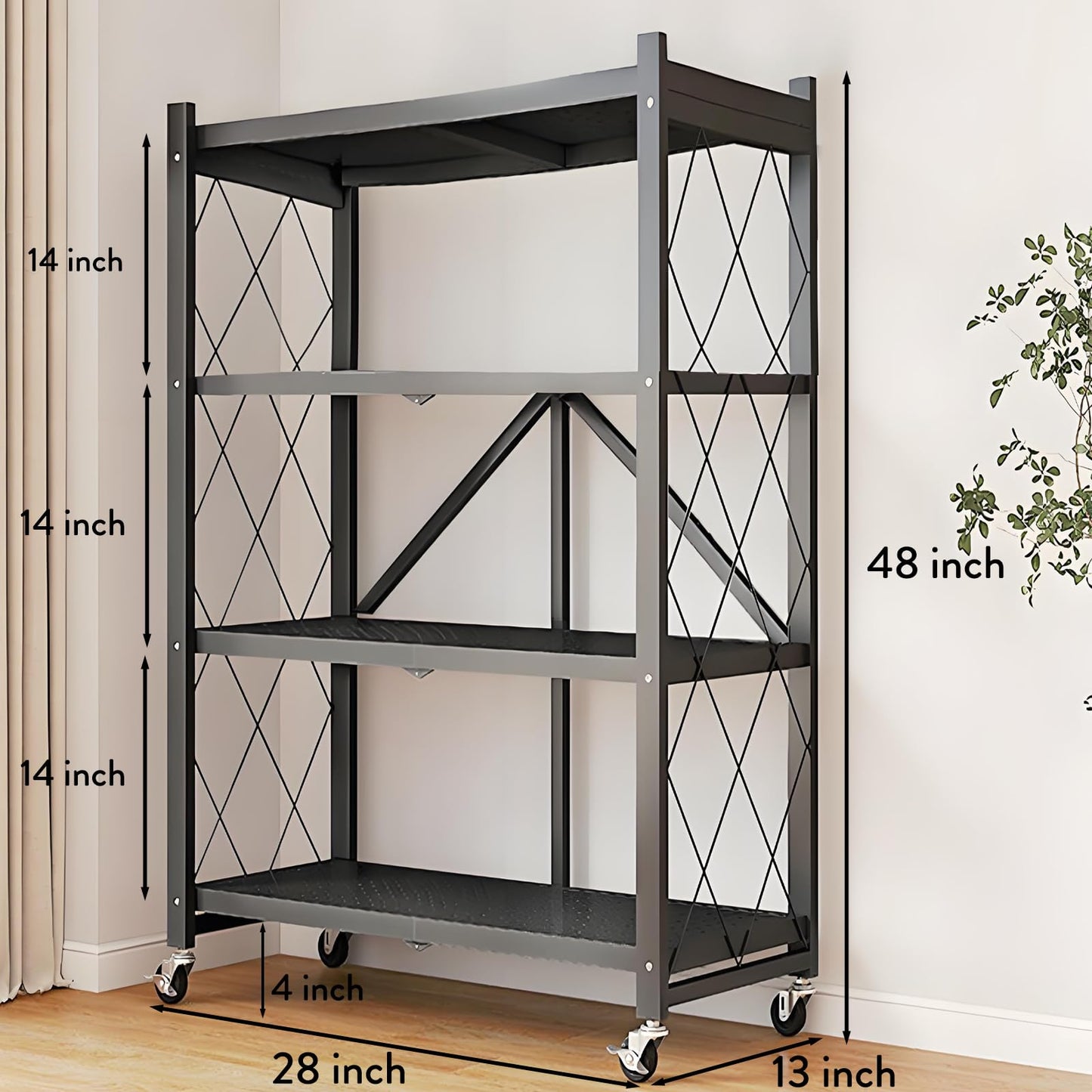 Kitchen Garage Metal Shelves, Storage Shelves Organizer, Foldable Metal Shelving, Closet Shelving Unit, 28" W x 14" D x 50" H Bakers Rack Microwave Stand, Plant Stand with Wheels (4-Tier Shelf)