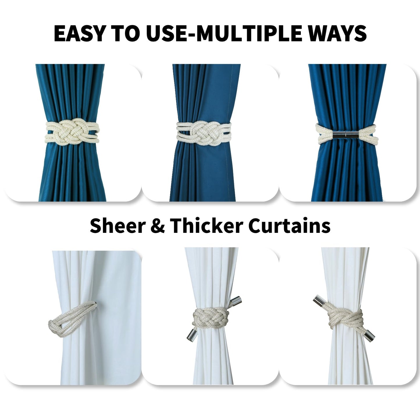 HedongHexi 2 Pack Magnetic Curtain Tiebacks, Hand Weave Rope Knot Decorative Curtain Holdbacks for Home & Office Thin Window Drapery (Beige,2P)