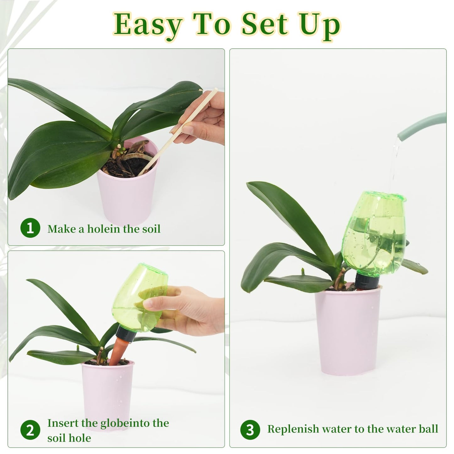 GEWOSI 6pcs Plant Self Watering Globes, Plastic Water Bulbs Top Fill, 12.3 oz Plant Watering Devices System Slow Release Terracotta, Water Spikes Stakes for Indoor (Green-6pack)