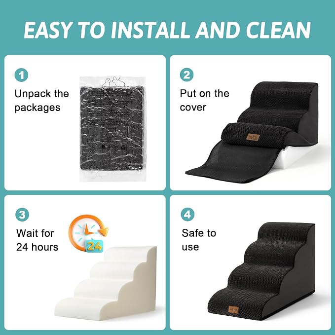 COZY KISS Dog Stairs for Small Dogs 19.7" H, Curved Dog Step for Puppy, Older or Cat, Medium Pet Ramp for Sofa, Couch or Bed, Ladder with High Density Foam, 4 Step, 15.7x28.3x19.7 inch, Black