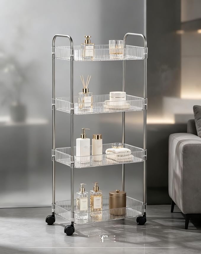 Sooyee Clear 4-Tier Plastic Rolling Utility Cart with Wheels, Multi-Functional Storage Trolley for Office, Living Room, Kitchen, Movable Storage Organizer with Wheels