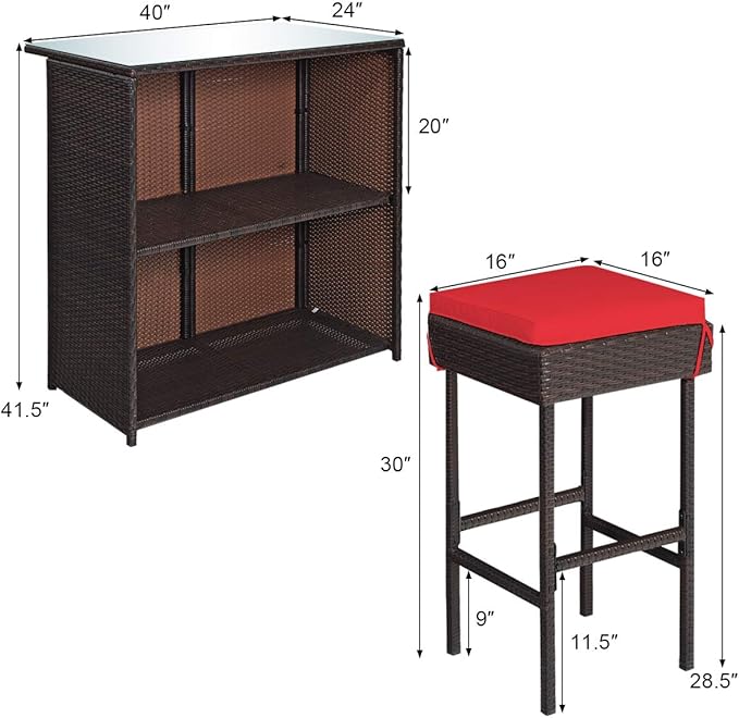 Tangkula Patio Bar Set, 3 Piece Outdoor Rattan Wicker Bar Set